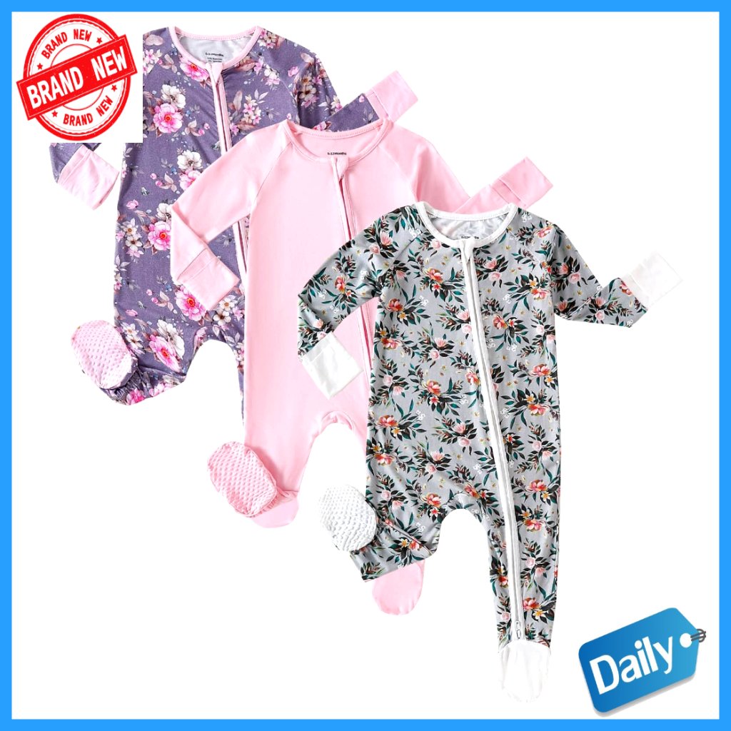 3 Pack Bamboo Baby Footie Pajamas With Mitten Cuffs 2 Way Zipper